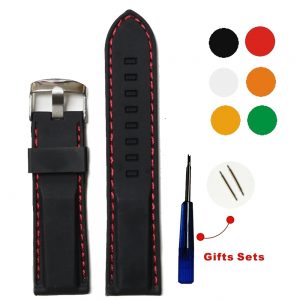 24mm Sport Black Silicone Red stitches  Ladies Watch Band Straps WB1021A24JB