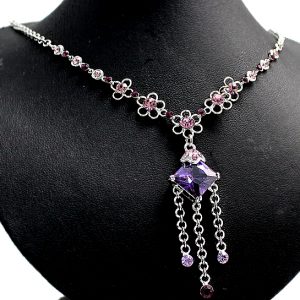 Amethyst Violet Flower Square with Shiny Chrome Plating Necklace Set NS1548A
