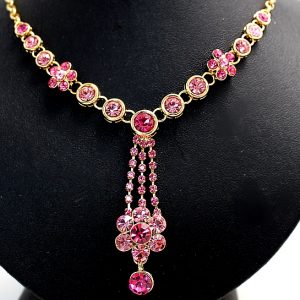 Casual Round Rosy Crystal Flower Gift Box Pink Gold Earring Necklace Set NS2165C