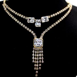 Rectangular Crystal with Earring Gift Box Plating Tassel Necklace Set NS2287A