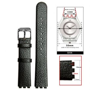 18mm Genuine Leather Band Swatch Straps WB1237 Black Beige